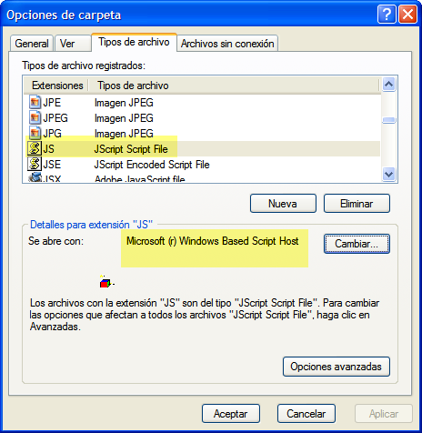 Folder options for .js (JScript) files